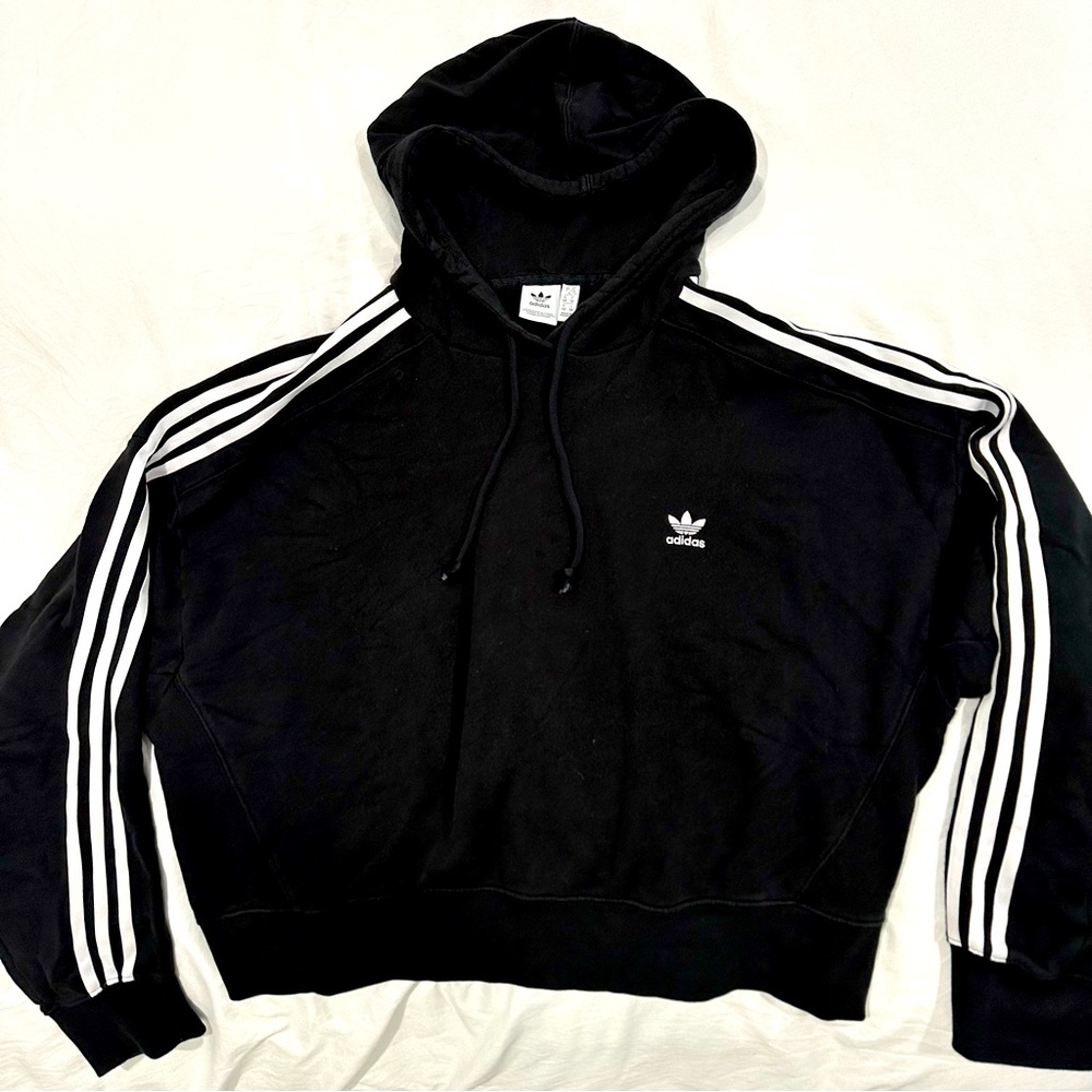 adidas Original 3-stripe Essentials Adicolor Trefoil Logo Hoodie Black semi crop
